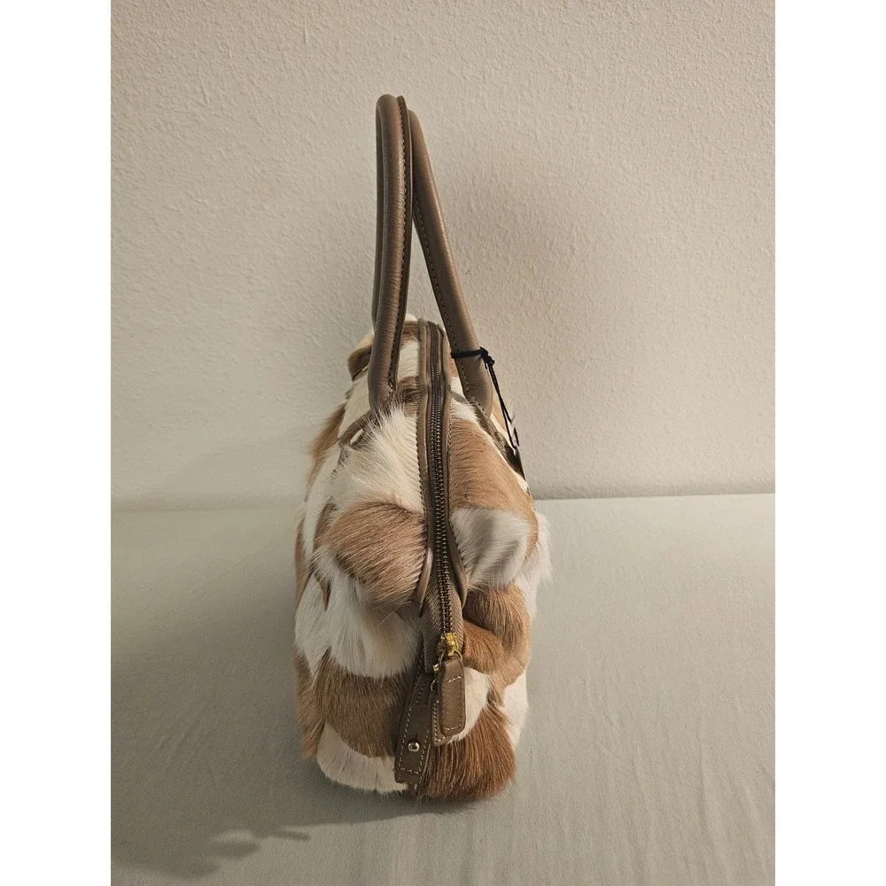 Letizia Satchel Brown White Patchwork Calf Hair Handbag